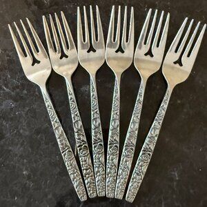 6 FORKS Vtg LAS PALMAS Stainless Flatware Ekco Eterna Japan Floral Black Accent